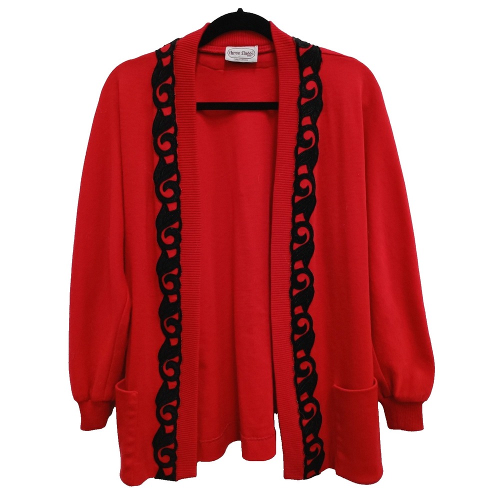 VTG 90s Three Flaggs Cardigan Womens Small Red Velvet Leave Trim Holiday